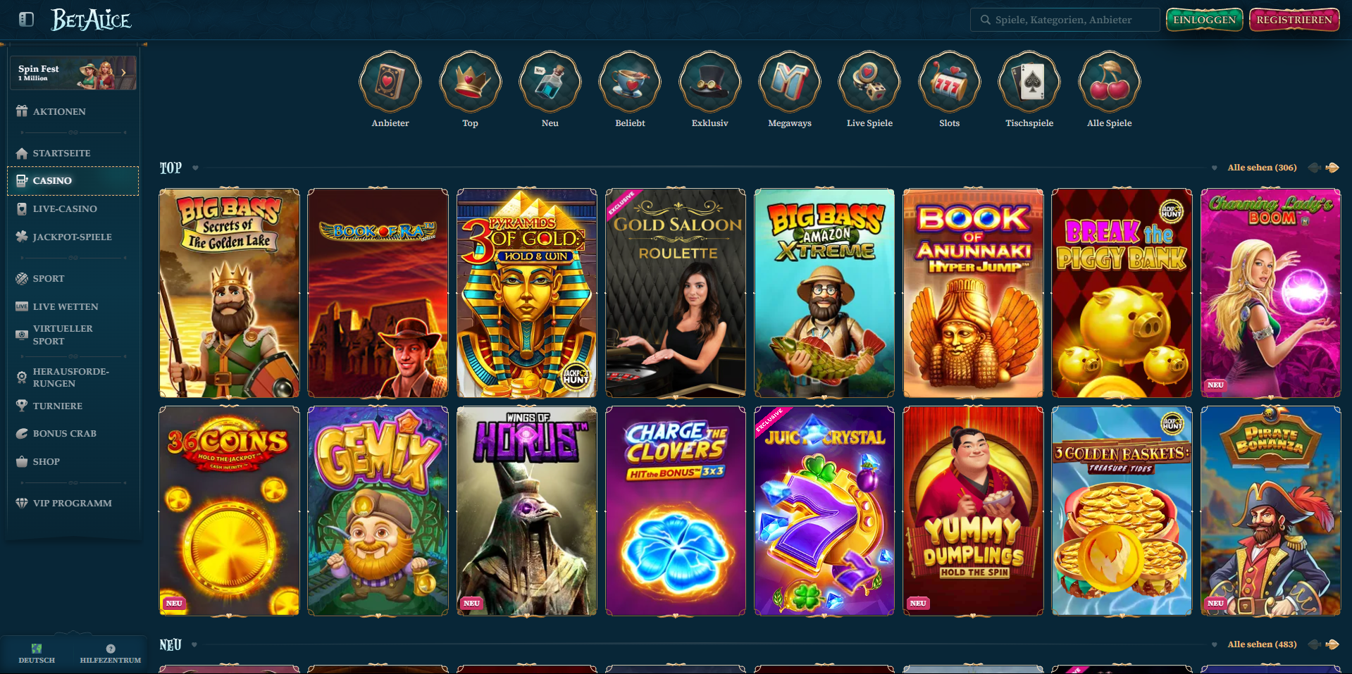 BetAlice Casino Auswahl